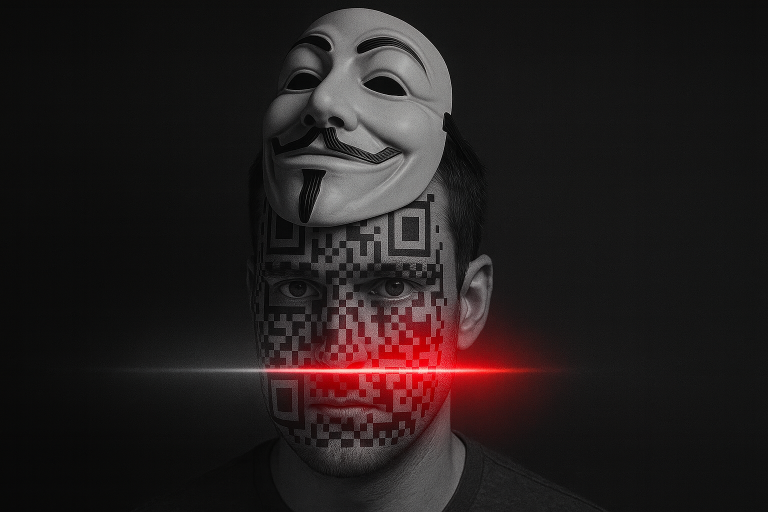 Maska Anonymous, jejíž spodní část přechází v QR kód, přes ni červený laserový paprsek.